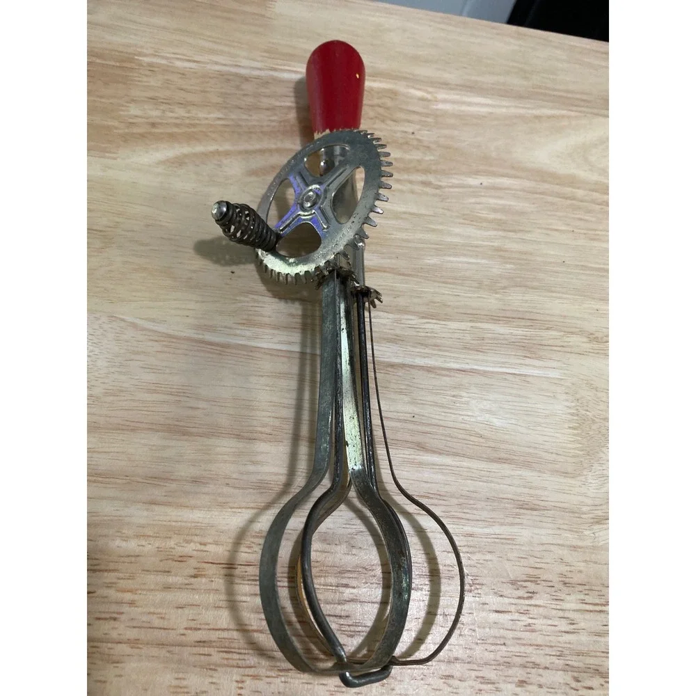 Vintage Hand Crank Egg Beater Red Wood Handle Metal Manual Rotary Whisk Antique